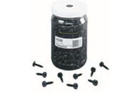 Clear plastic jar containing 500 black 10-32 screws with captive features, surrounded by a few loose screws on a white background.