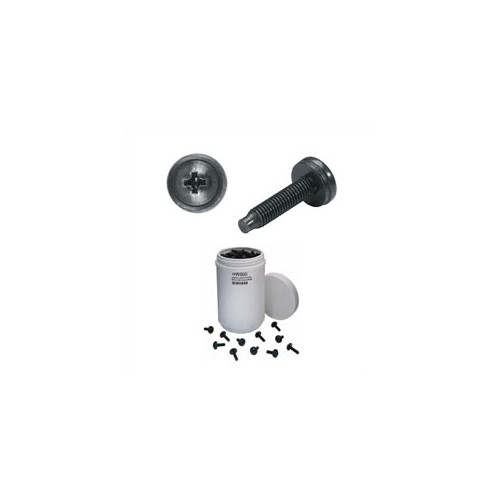Captive Cup Washer set includes a white cylindrical container, a black 10-32 rackscrew, and multiple black screws, ideal for secure mounting in various applications.