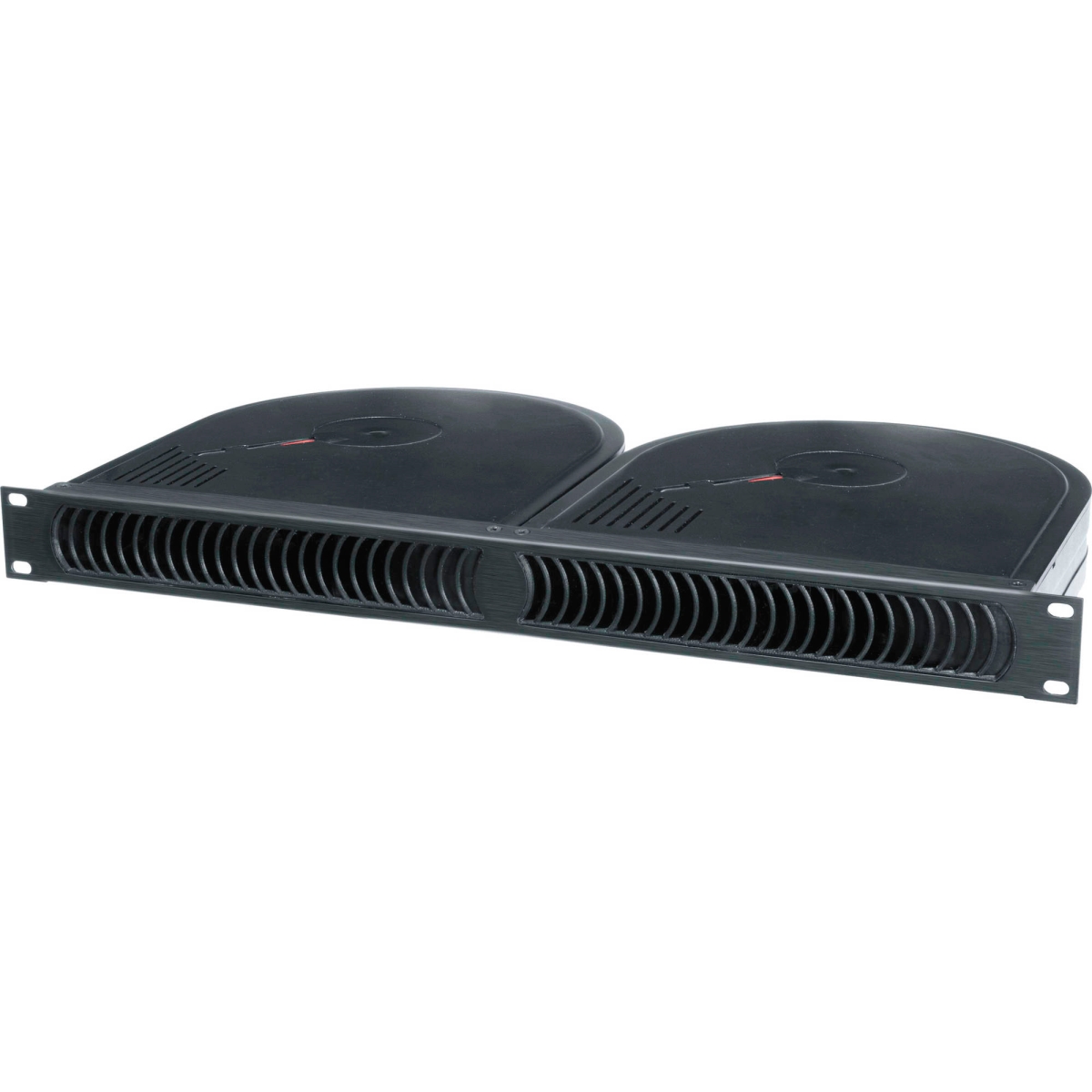 Black IQBP-2 Quiet Blower Panel with dual circular vents, designed for rack mounting, featuring a sleek, low-profile design and efficient airflow for cooling equipment.