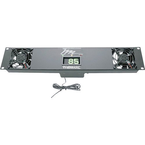 Black metal fan panel with two small fans, a digital temperature display showing 85, and a sleek design, ideal for quiet cooling in audio/video equipment setups.
