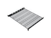 Black metal UFA rack shelf with a perforated design, featuring mounting brackets on the sides for secure installation in a 14.5-inch rack.