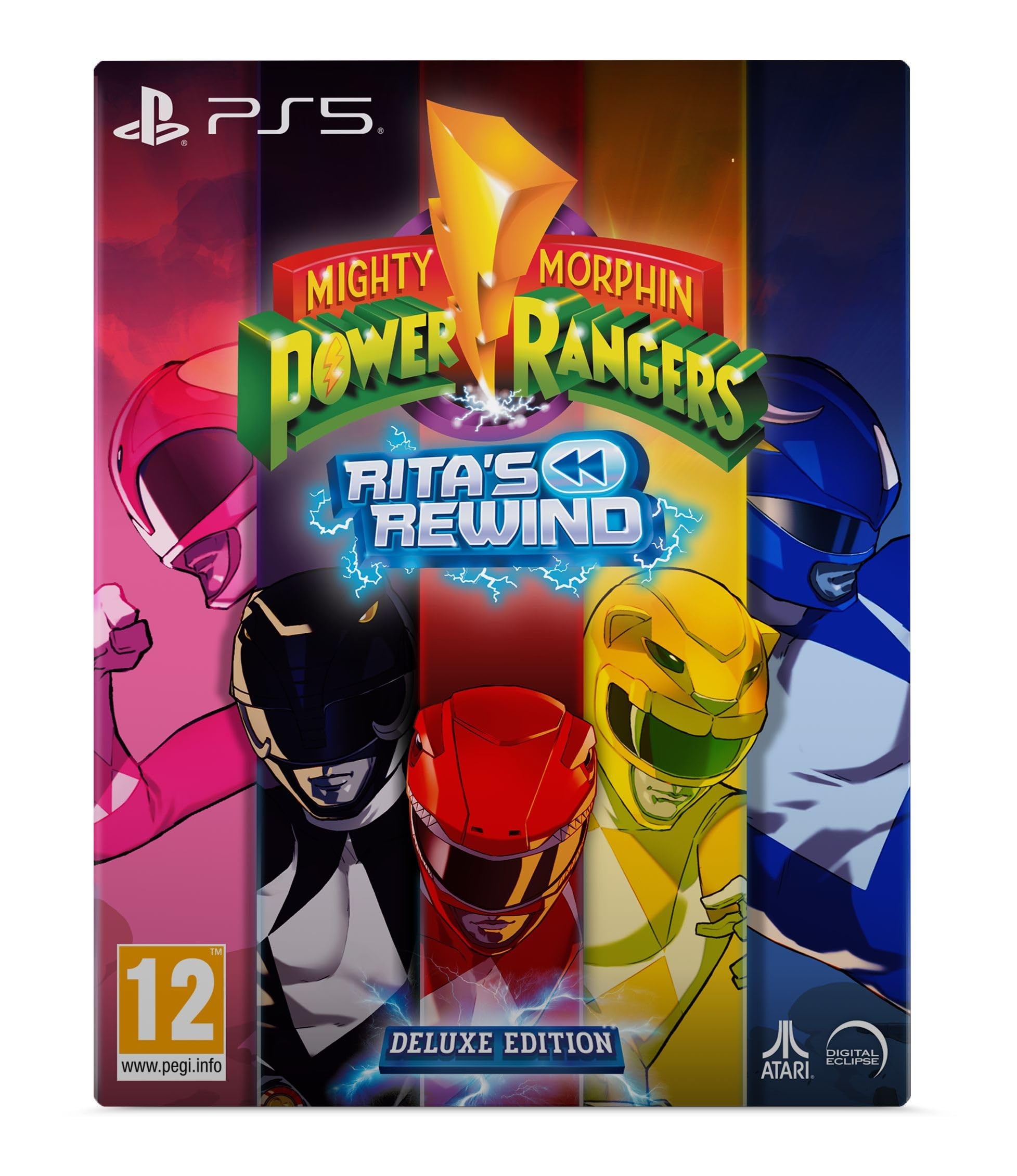 Mighty Morphin Power Rangers Rita's Rewind Deluxe Edition for PS5 features vibrant artwork with red, blue, pink, and yellow Rangers against a colorful background, showcasing the game's title prominently.