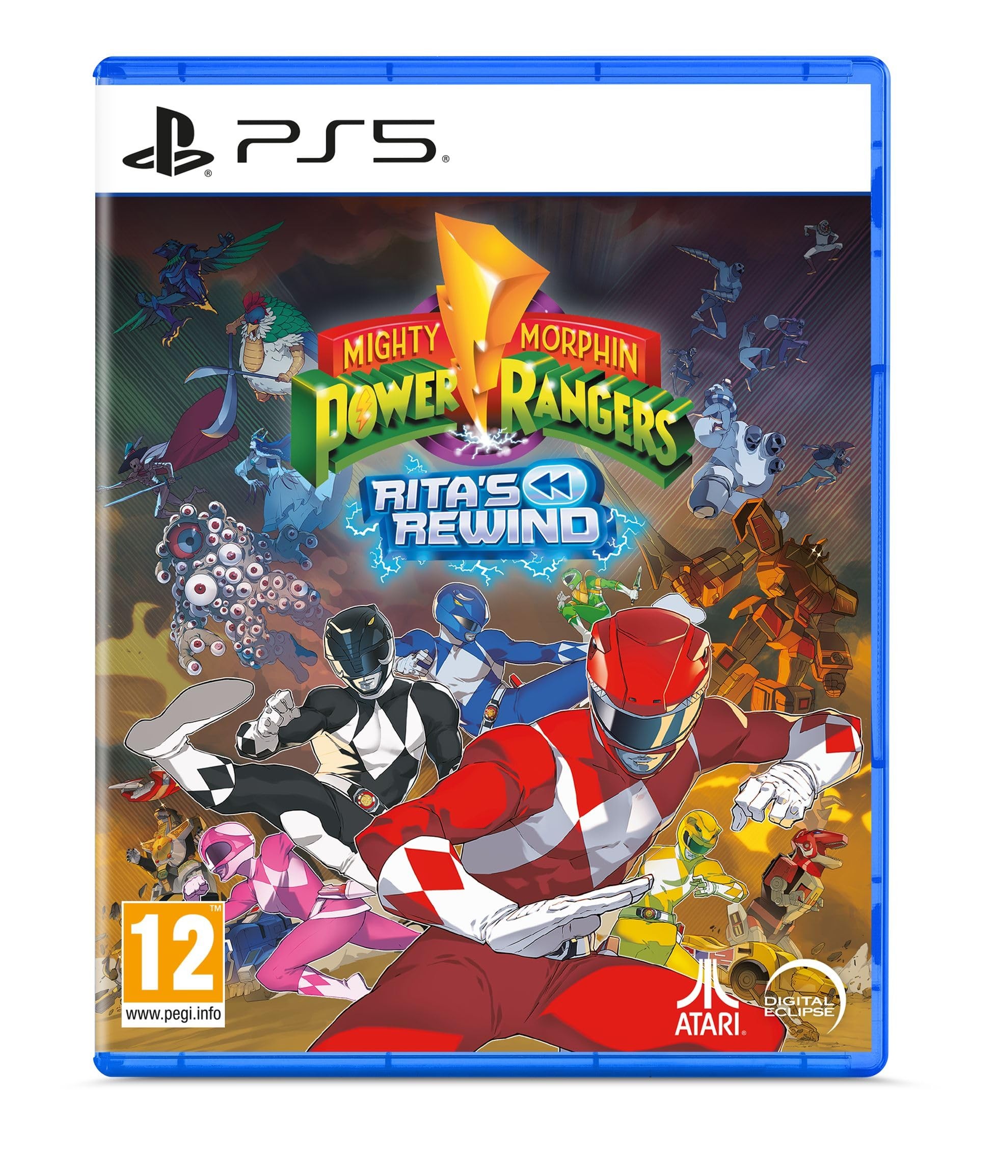 Mighty Morphin Power Rangers: Rita's Rewind for PS5 features vibrant cover art with colorful Rangers in action, against a dynamic background of villains and the game's logo.