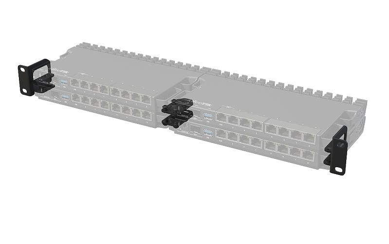Black metal mounting kit designed for Mikrotik devices, featuring brackets for secure attachment and compatibility with multiple models, showcasing a sleek and durable design.