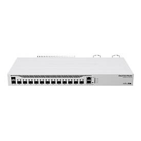 Mikrotik CCR2004-1G-12S+2XS wired router in white, featuring 12 SFP+ ports, 2 10G Ethernet ports, and a sleek, flat design with ventilation slots on top.