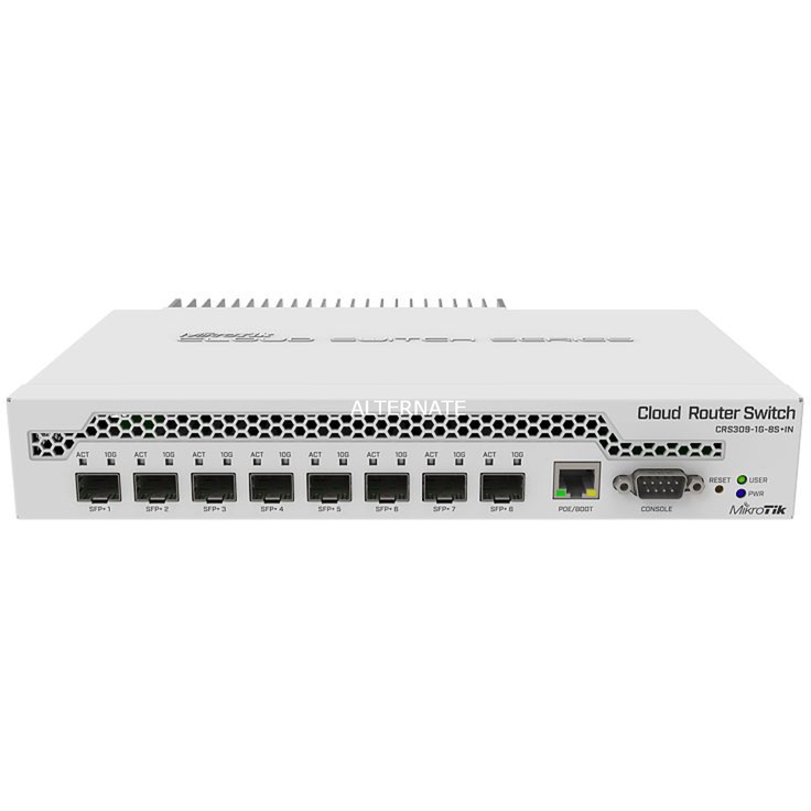 Mikrotik CRS309-1G-8S+IN rack-mounted switch in white with eight SFP ports, one Gigabit Ethernet port, DC input, and ventilation slots on top for cooling.