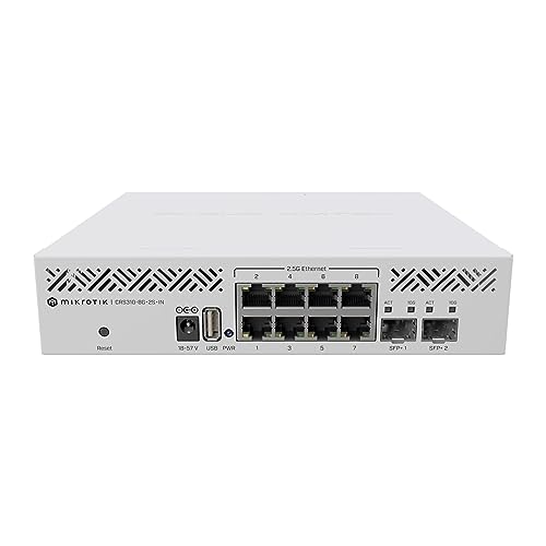 Mikrotik Cloud Router Switch in white with multiple Ethernet ports, power input, and reset button, featuring a sleek, compact design suitable for network management.