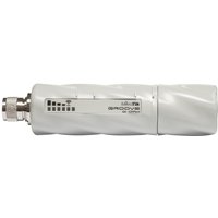 White Mikrotik GrooveA 52 ac PoE device with cylindrical shape, LED indicators, and metal connector.