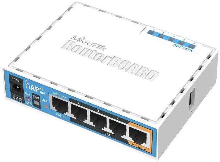 Mikrotik HAP Ac Lite router in white, featuring five Ethernet ports, Power over Ethernet (PoE) capability, and LED indicators for power and connectivity.