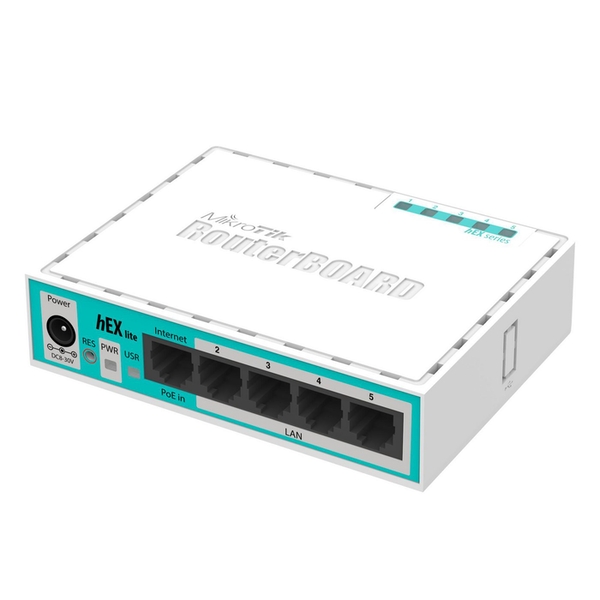 Mikrotik HEX Lite wired router in white, featuring five Ethernet ports, a power input, and a sleek design with blue accents and the "RouterBOARD" logo.