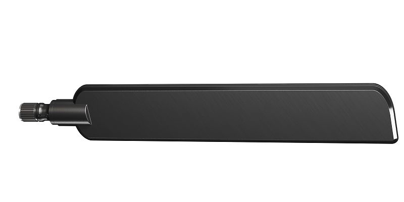 Black omni-directional network antenna with a sleek, elongated design and a connector at one end, made of durable material for outdoor use.