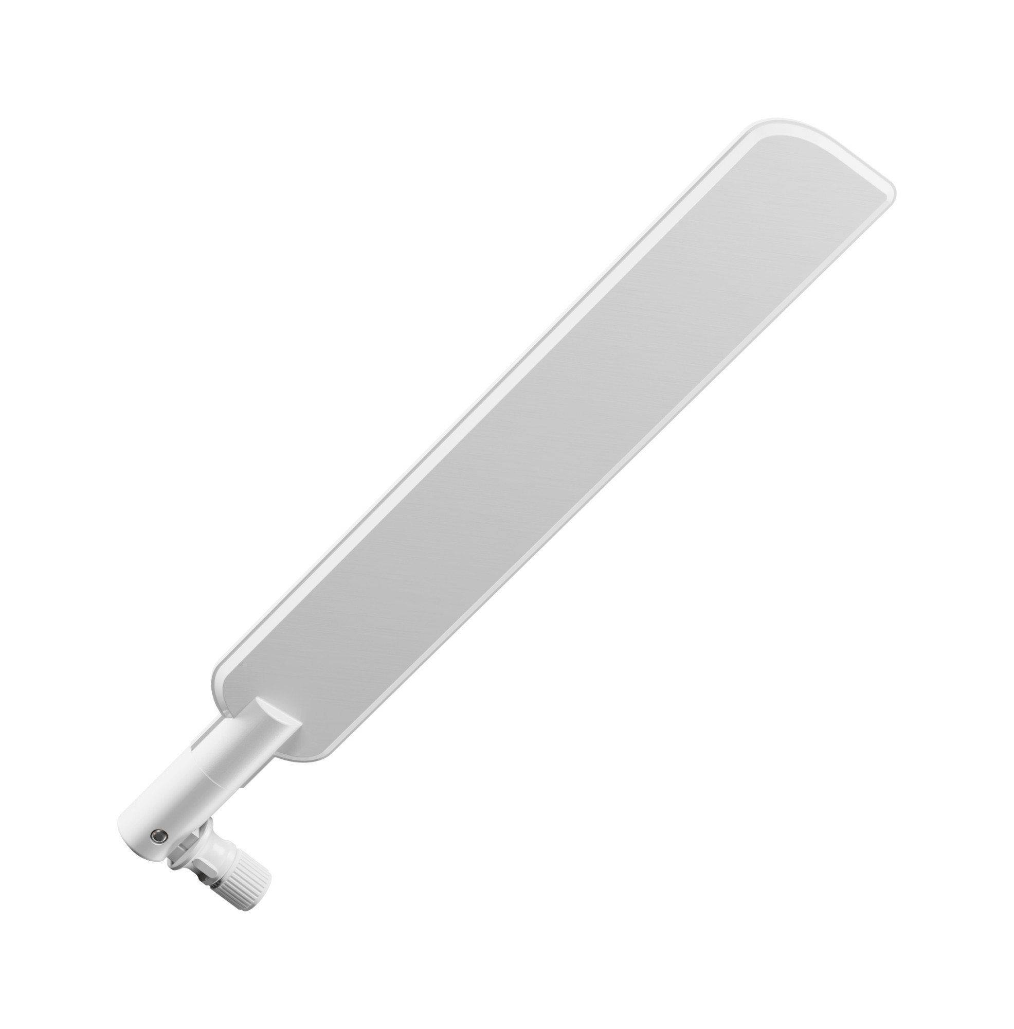 White rectangular network antenna with a smooth surface, featuring a mounting bracket and connector at one end for easy installation.