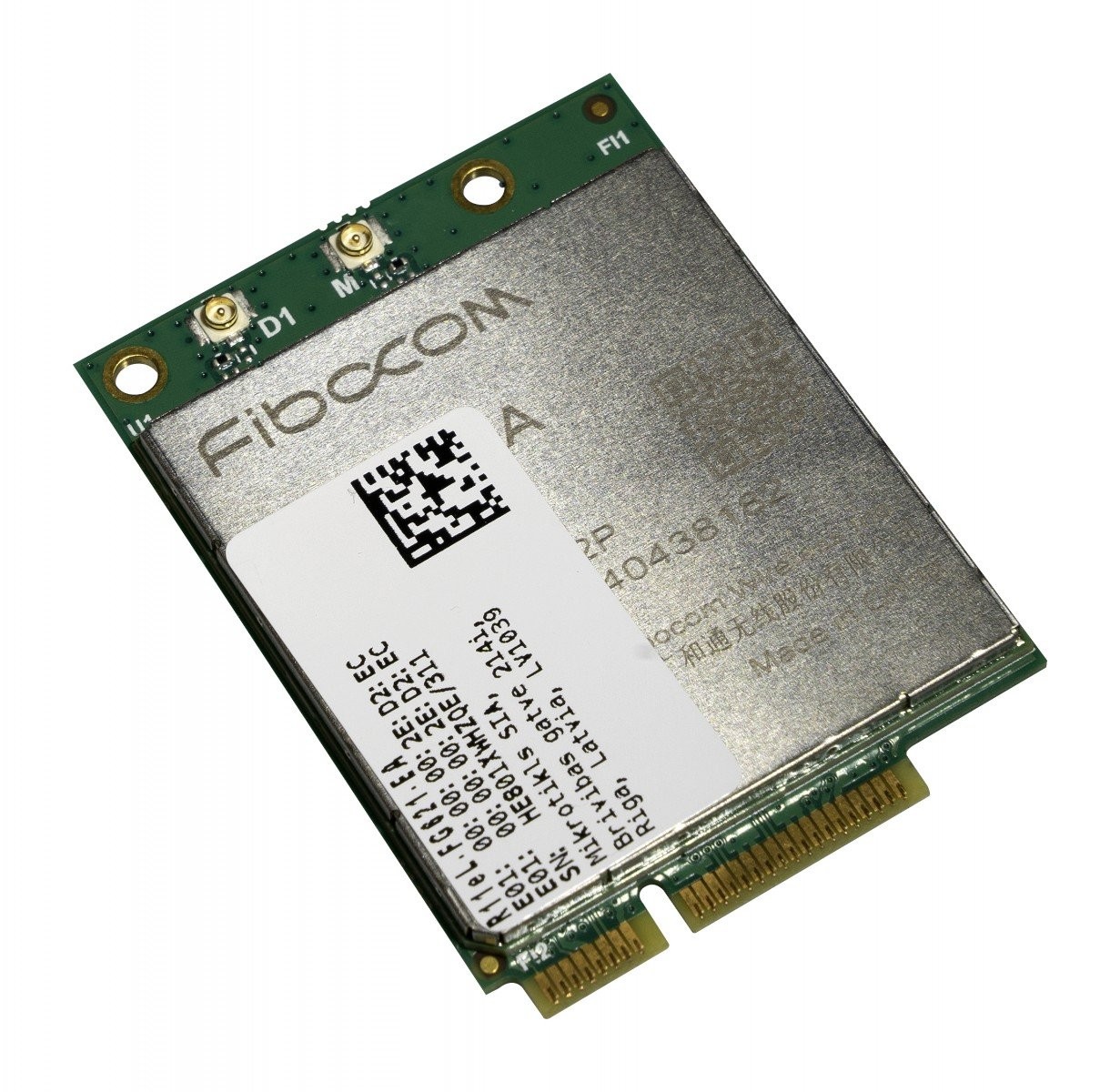 Mikrotik Minipcie Cat6 LTE card with a green circuit board, silver metal casing, and two antenna connectors, featuring a barcode and printed specifications.