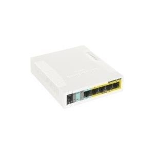 Mikrotik RB260GSP managed gigabit Ethernet switch in white with five Ethernet ports, a yellow port, and a compact, rectangular design suitable for network setups.