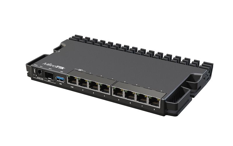 Black Mikrotik RB5009UG+S+in wired router featuring eight 2.5 Gigabit Ethernet ports, a USB port, and a rugged design with cooling fins on top.