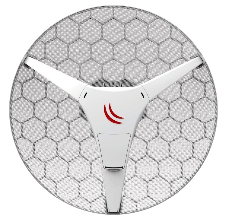 Round, white Mikrotik RBLHGG-60AD network antenna featuring a hexagonal mesh design and a prominent red logo in the center, designed for enhanced wireless connectivity.