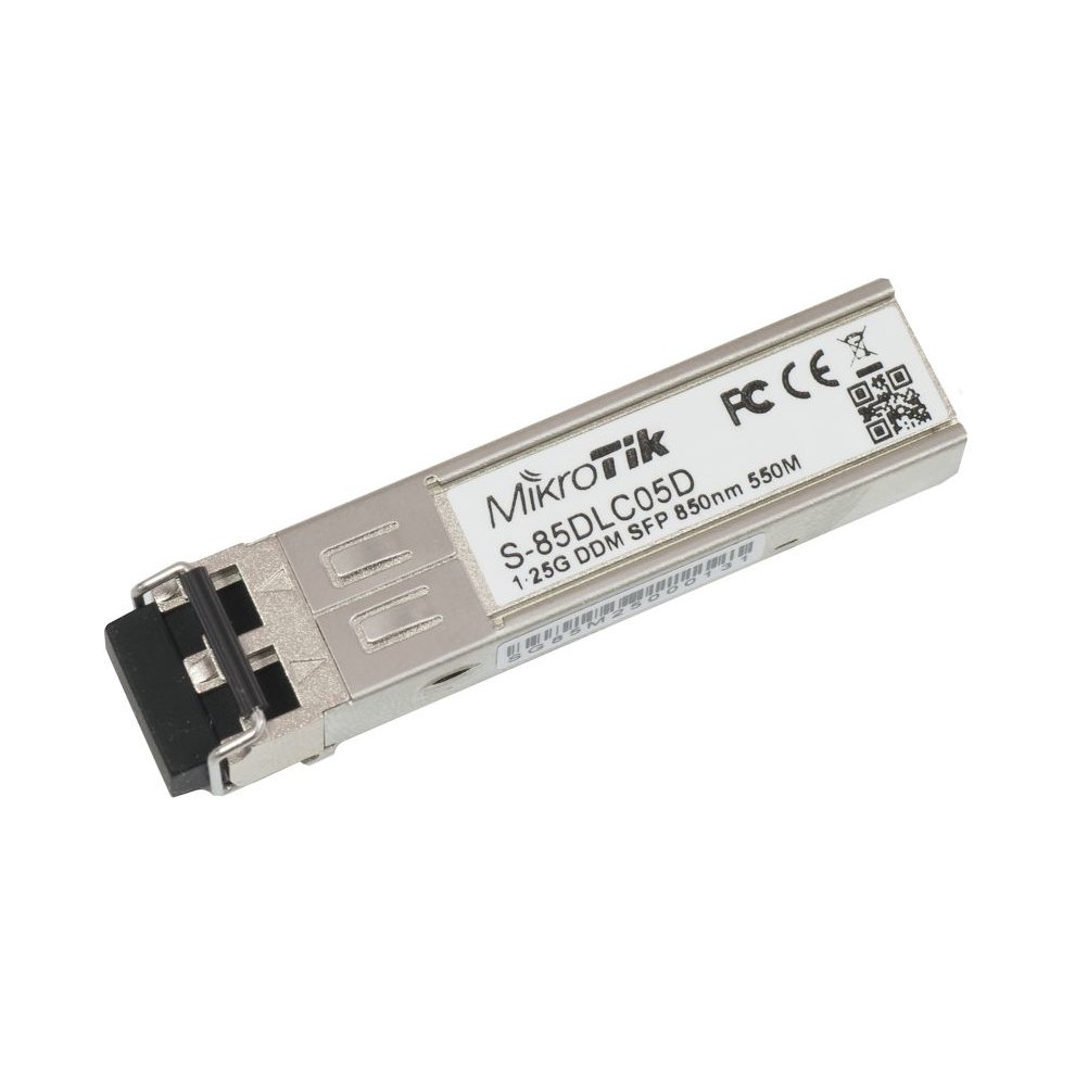 Mikrotik S-85DLC05D network transceiver module in silver metal casing, featuring a black connector, labeled with specifications including 1250 Mbit/s and 850 Nm.