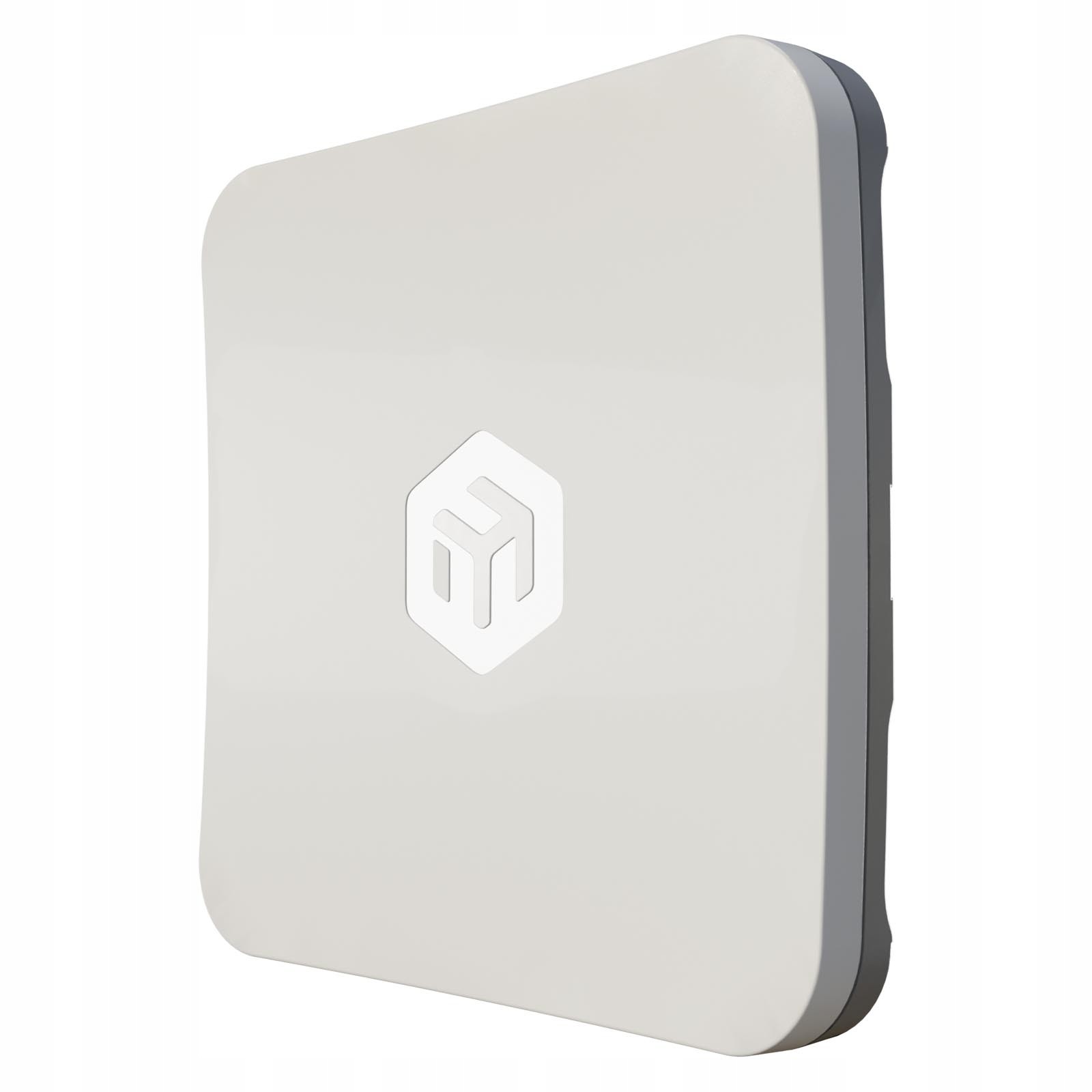 Square, white wireless access point with a sleek design, featuring a prominent hexagonal logo on the front and a gray border, designed for outdoor use with PoE capability.