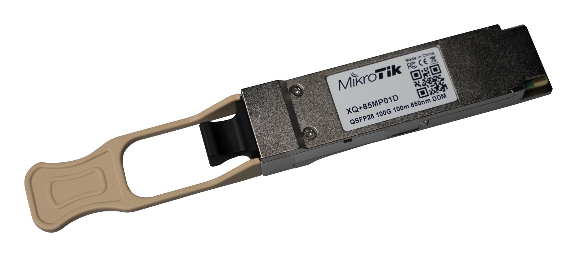 Mikrotik XQ+85MP01D fiber optic transceiver module in metallic gray with a beige latch, featuring a label with QR code and model details, designed for high-speed 100000 Mbit connections.