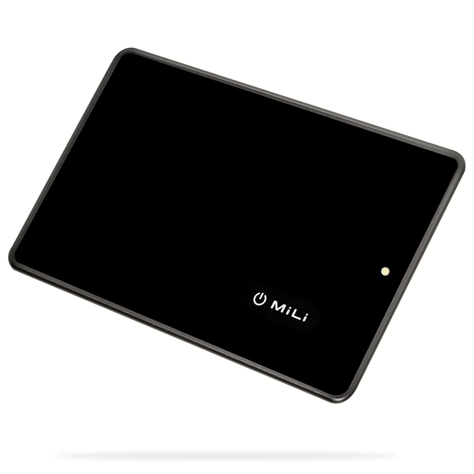 Black rectangular item finder with a smooth surface, featuring a small white power button and a subtle MiLi logo, designed for locating belongings and includes a bicycle e-scooter bell.