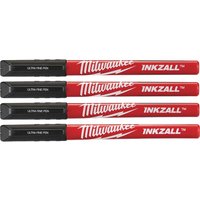 Red Milwaukee INKZALL fine tip pens, pack of 4, with black caps and white logo text on the barrel.