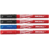 Milwaukee INKZALL fine tip pens pack of 4 in red, black, blue, and green with bold branding on each pen.