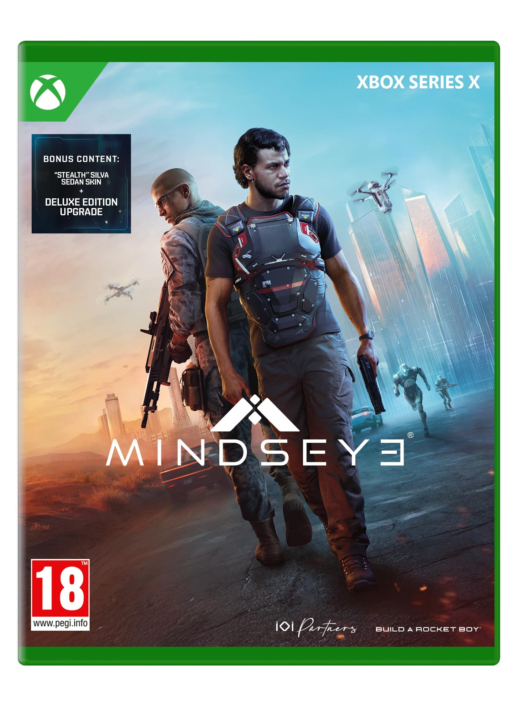 Xbox Series X game "Plaion MindsEye - None" features a vibrant cover with two armed characters in futuristic attire against a colorful cityscape, highlighting the game's action theme.
