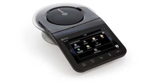 Black Mitel 50006591 IP phone with a sleek design, featuring a touch screen display, navigation buttons, and a glossy finish, ideal for modern office environments.