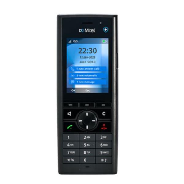 Black Mitel 712d handset featuring a color display, numeric keypad, navigation buttons, and a sleek design, ideal for professional communication.