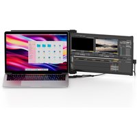 Portable dual-screen laptop monitor with black frame, attached to a laptop displaying colorful graphics.