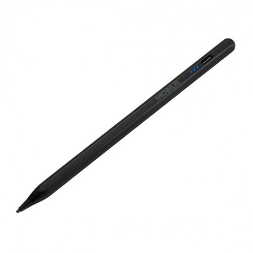 Black universal active stylus by Mobilis, featuring a sleek design, a fine tip for precise writing, and an LED indicator with charging port.
