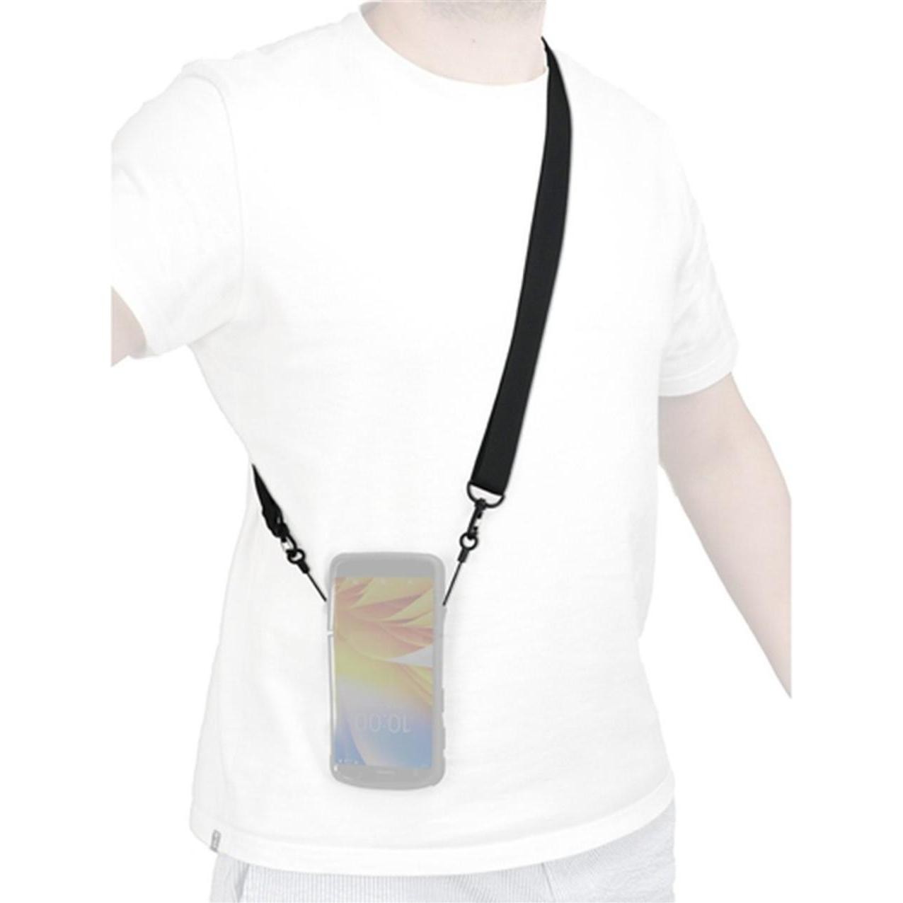 Transparent mobile phone case with a black adjustable strap, worn crossbody, featuring a secure closure and a sleek design suitable for various phone sizes.
