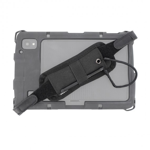 Black hand strap accessory for tablet case, featuring a durable fabric material and adjustable design, securely attached to the back of a protective tablet case.