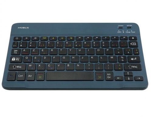 Mobilis 001284 Bluetooth keyboard features a blue plastic design with an AZERTY layout, black keys, and illuminated symbols for easy visibility.