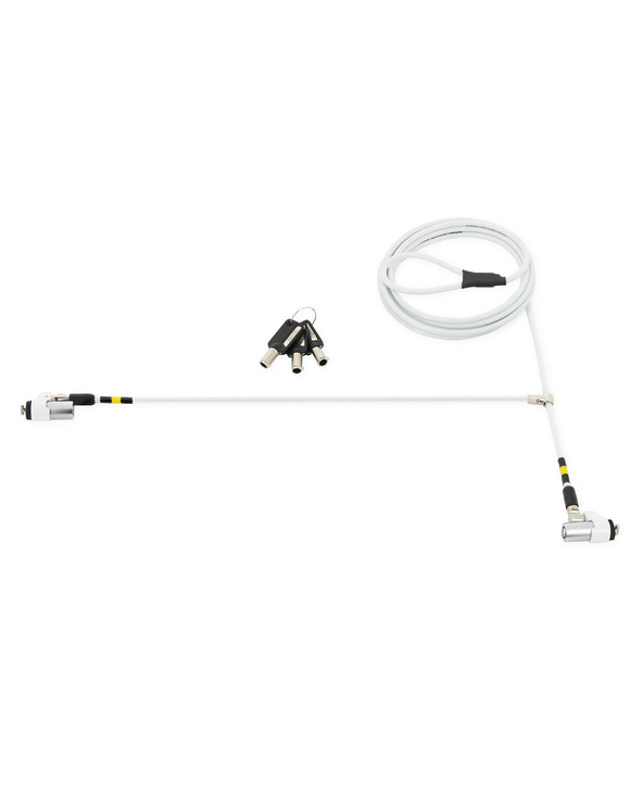 White 1.8-meter cable lock featuring a sturdy design, metal locking mechanisms, and three accompanying keys for secure locking.