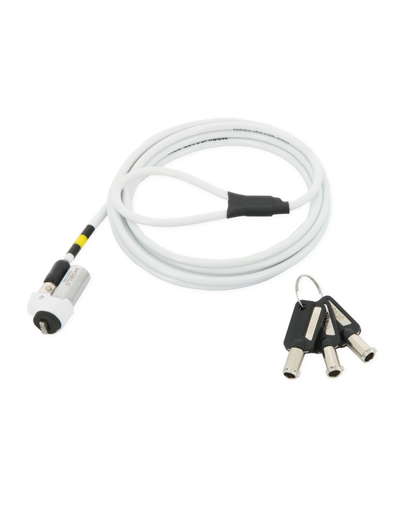 Mobilis Nano Slim Rotating Security Lock features a white flexible cable, a silver locking mechanism, and three black keys, designed for secure attachment and portability.