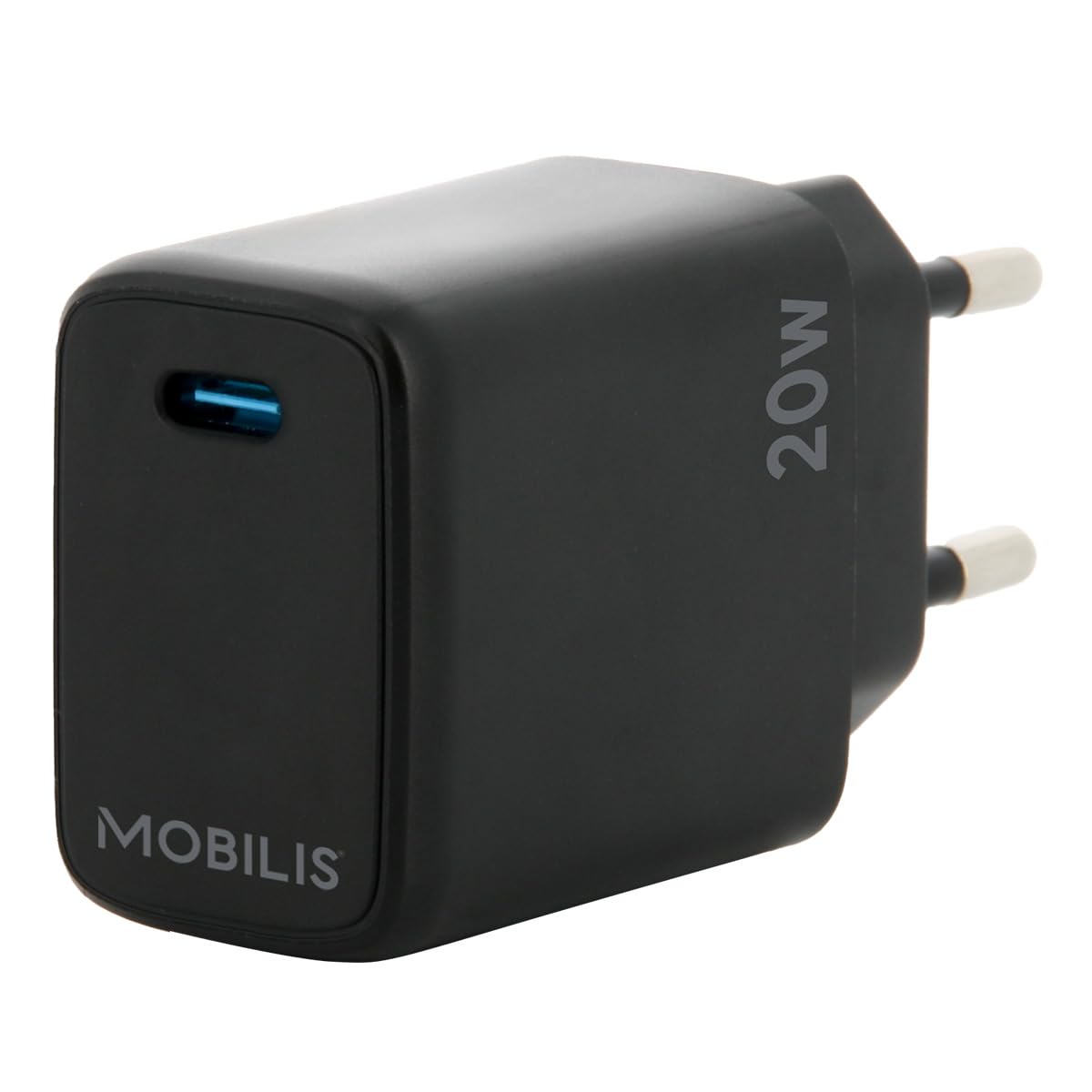 Black AC auto mobile device charger with a USB-C port and a power output of 20W, featuring the Mobilis logo on the side.
