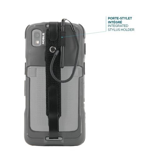 Black handstrap accessory for handheld mobile computers, featuring an integrated stylus holder, designed for secure grip and ease of use, with a textured back for added stability.