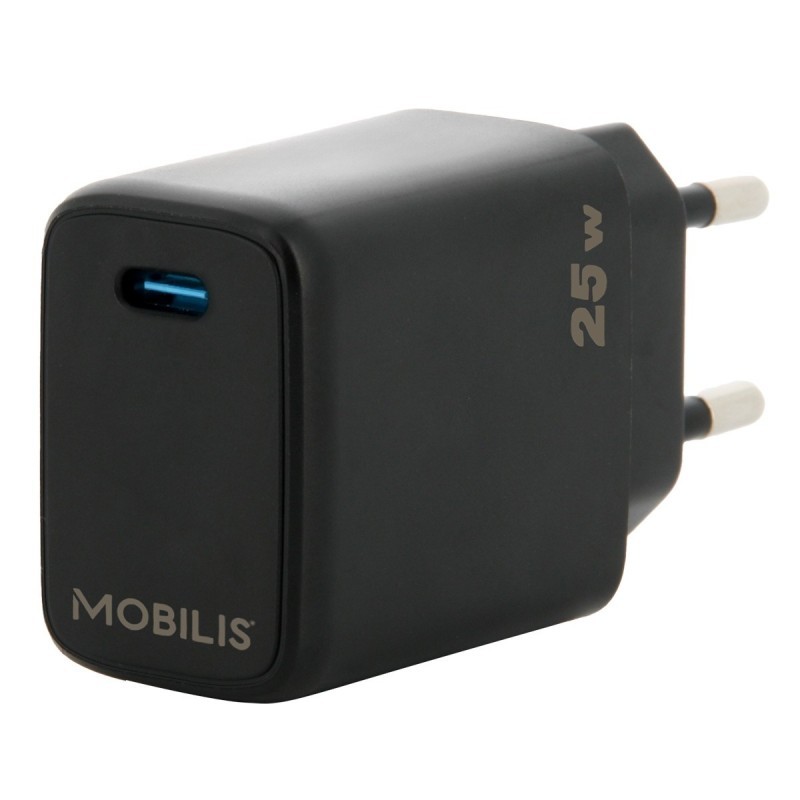 Black AC fast charging mobile device charger with a USB-C port, featuring a compact design and labeled "25W" on the side, by Mobilis.