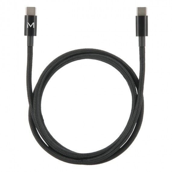 Black USB 2.0 cable with USB-C connectors on both ends, featuring a durable braided exterior and a small "M" logo on one connector.