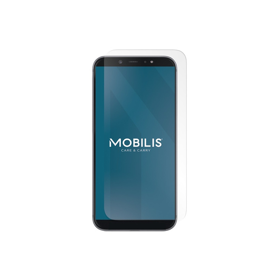 Clear mobile phone screen protector by Mobilis, designed for full coverage with a smooth finish, showcasing a blue-tinted screen and the brand logo prominently displayed.