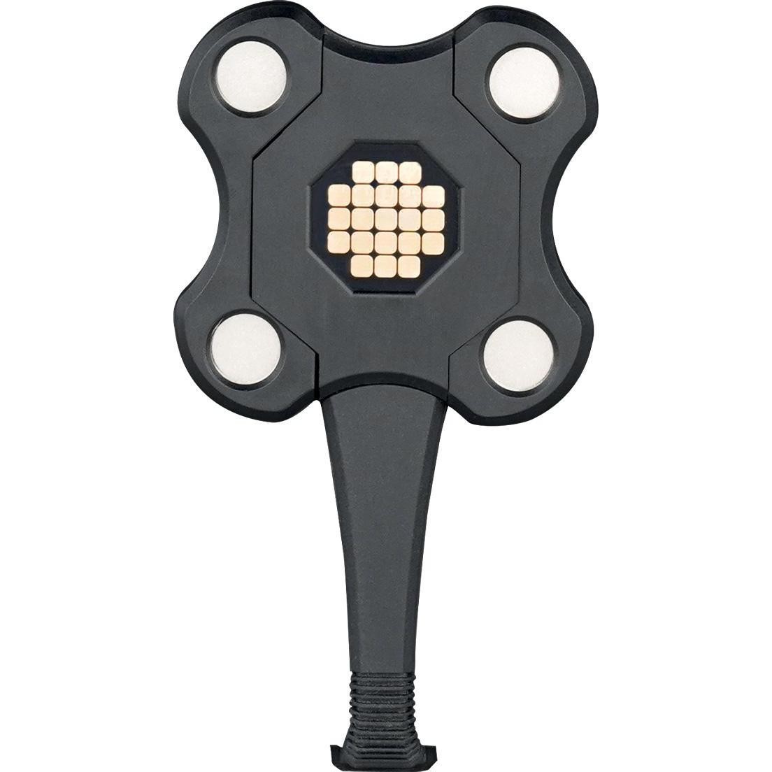 Black Mobilis 020006 mobile device charger featuring a unique four-point design with USB fast charging capability and a textured surface for grip.