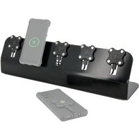 Black Mobilis 020010 mobile device charger with four ports and a sleek, angled stand, includes smartphone holder.