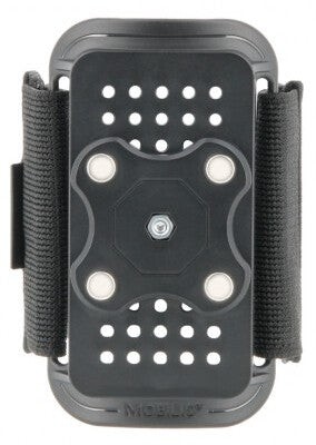 Black Mobilis 020012 Active Holder for handheld mobile computers features a sturdy design with a textured surface, adjustable straps, and multiple ventilation holes for secure attachment.