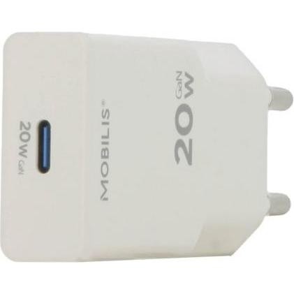 White AC fast charging mobile device charger with a USB-C port, featuring "20W" and "Mobilis" branding on the side.
