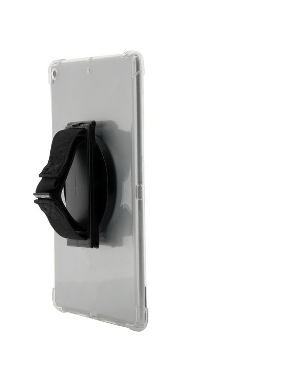 Black adjustable strap attached to a circular black holder, mounted on a clear smartphone case, designed for secure mobile phone accessory hanging.