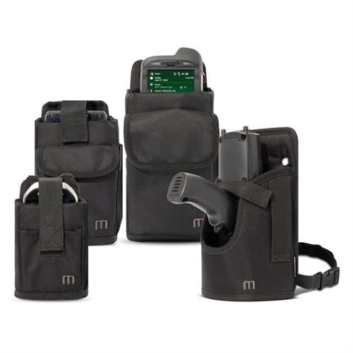 Black nylon Mobilis PROTECTION HOLSTER set featuring multiple sizes, including leg strap and belt attachments, designed for secure storage of devices and accessories.