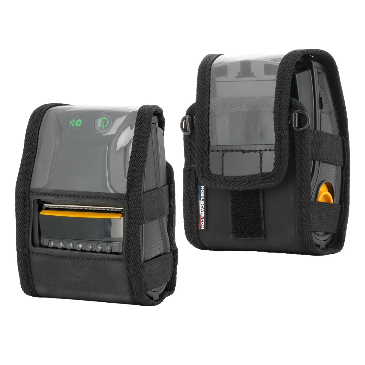 Universal soft case for mobile printers in black fabric with transparent front, features a shoulder strap, Velcro closure, and dimensions for devices up to 5 x 15 x 8 cm.