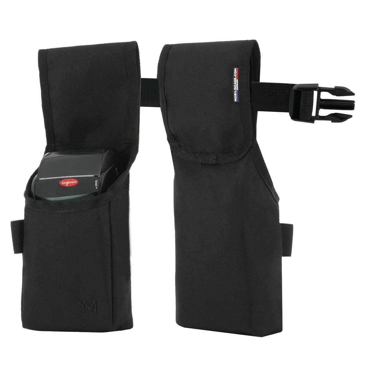 Black fabric holster designed for barcode readers, featuring a secure buckle, two compartments, and a logo on the front, ideal for easy access and portability.