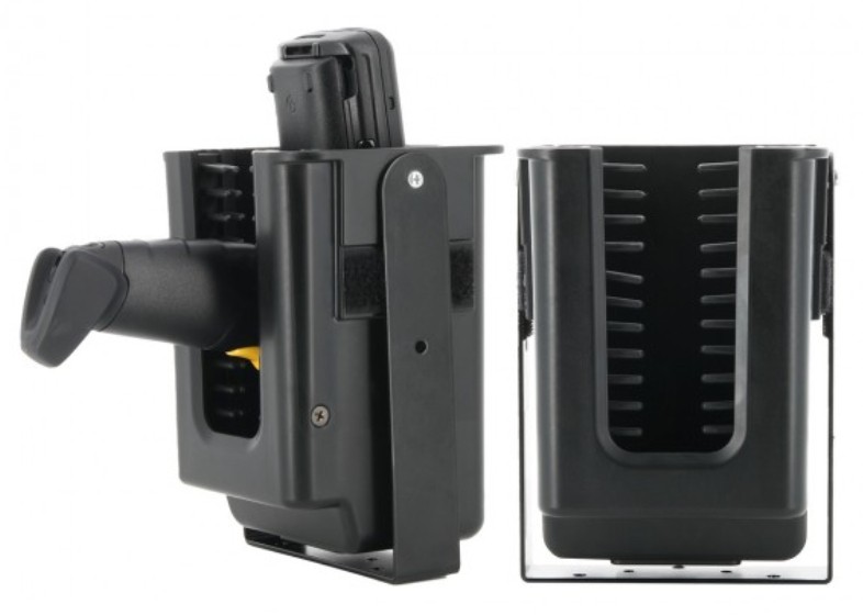 Black plastic passive holder for a handheld barcode scanner, featuring a textured grip, ventilation slots, and a secure attachment mechanism.
